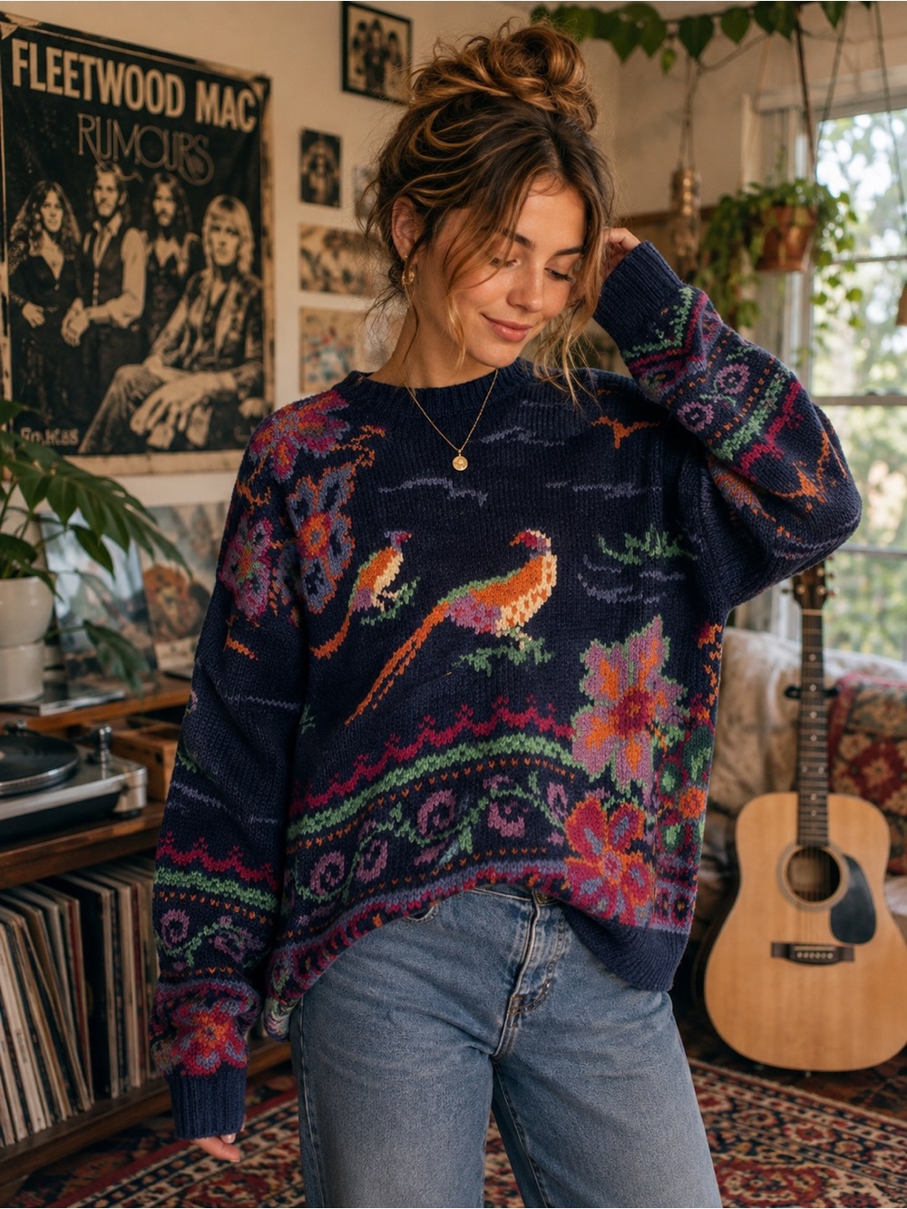 Vintage Bushwacker Bird and Floral Intarsia Knit Crewneck Sweater Size Medium